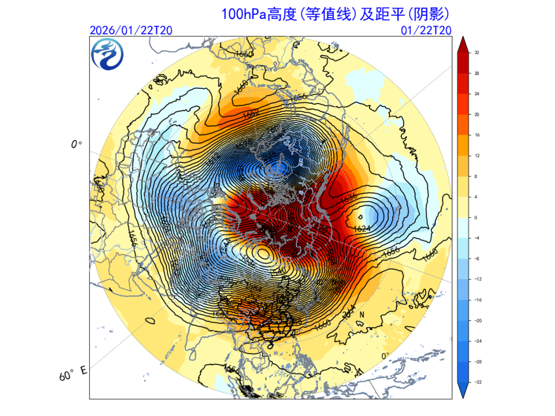 1月22日100hPa位势高度(等值线)及其距平(阴影)分布(单位:dagpm)