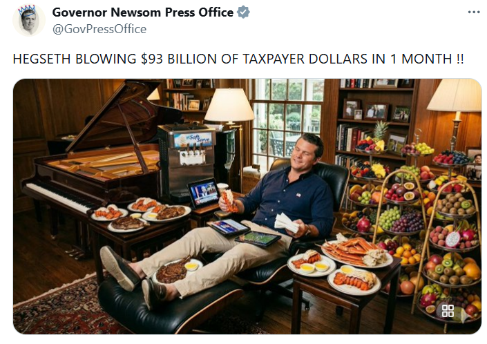 加州州长纽森发帖嘲讽赫格塞思挥霍无度