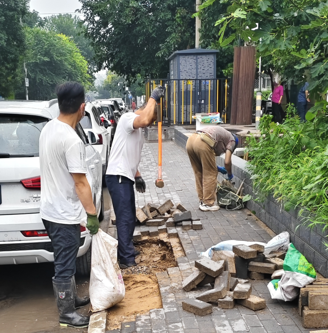 八宝山街道三山园社区工作人员对道路进行修复