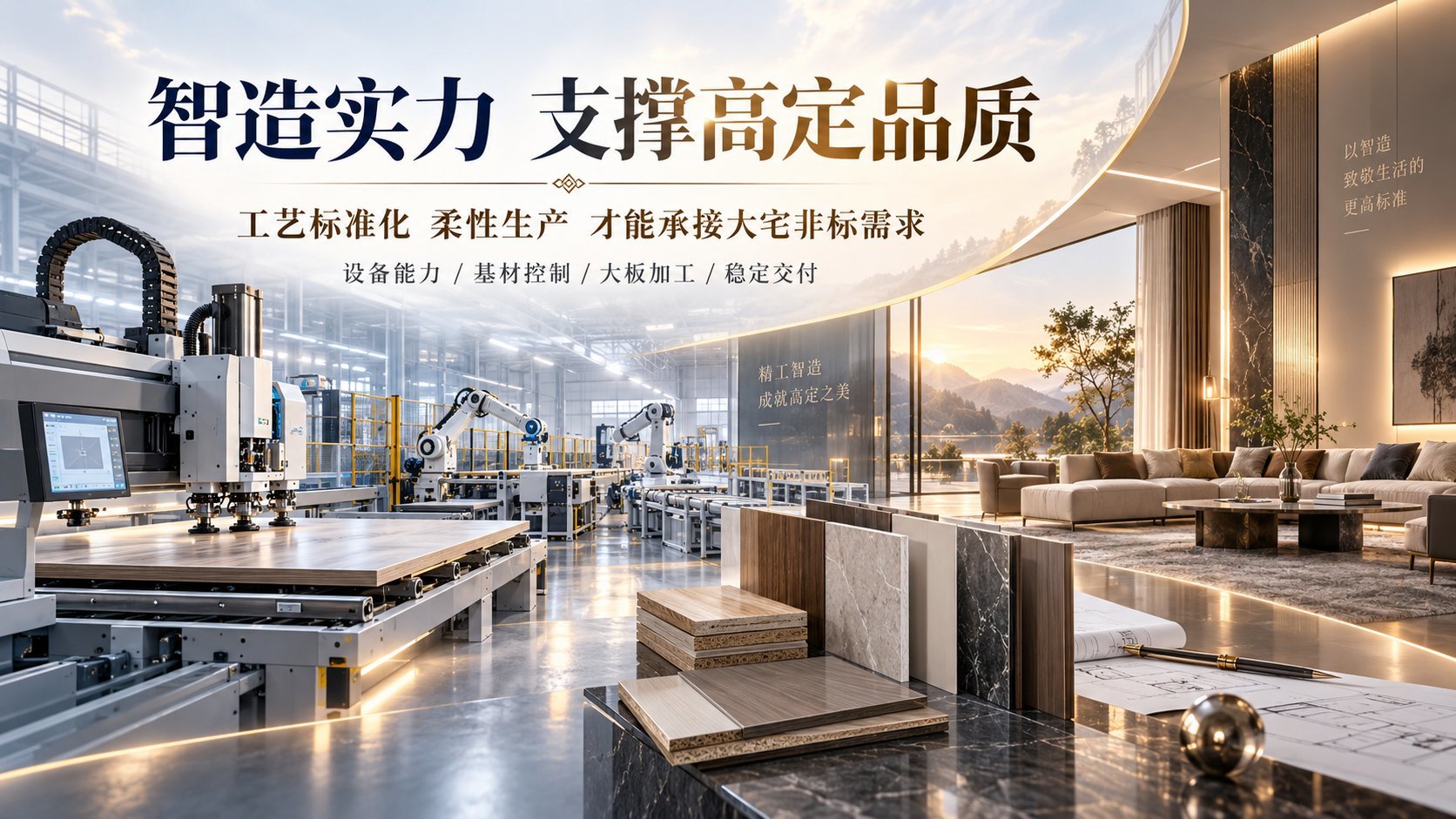 这是一张展示家居建材智造实力的宣传图。画面左侧为配备CNC数控机床与机械臂的现代化自动化工厂,展现精密加工能力;右侧为采光极佳的高端大宅样板间。前景特写陈列多款