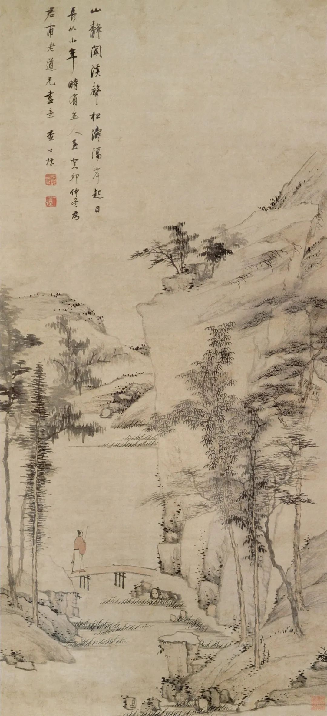 △查士标《曳杖过桥图》，安徽博物院藏。