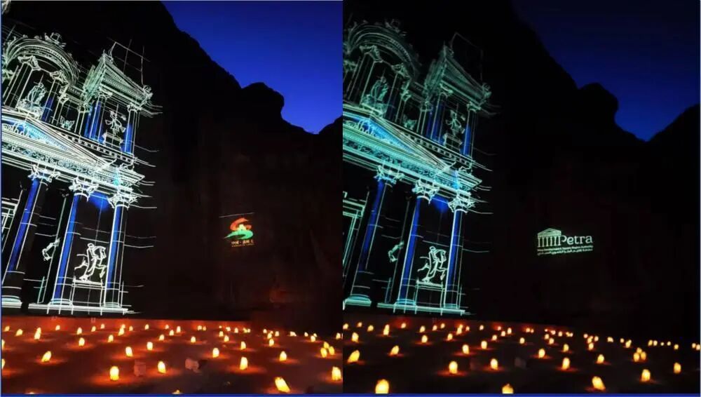 2025年5月20日,在约旦佩特拉,中国嘉峪关与约旦佩特拉文旅友好合作协议签署仪式后,嘉峪关与佩特拉两地标志灯光秀点亮佩特拉古城(拼版照片)。