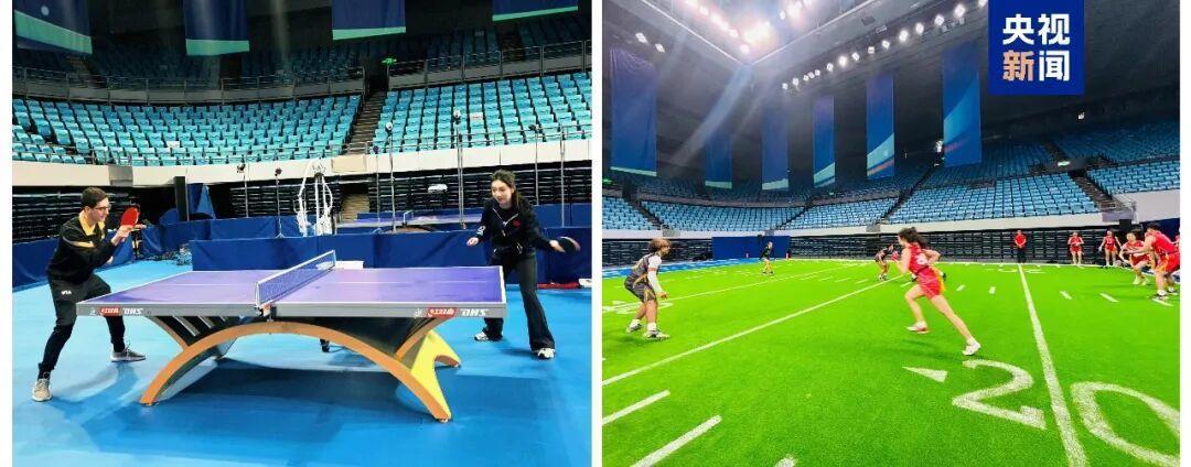 △中美“乒乓外交”55周年纪念大会现场，中美乒乓球与橄榄球跨项目互动体验。