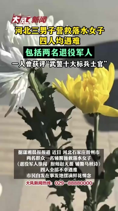 河北三男子营救落水女子四人均遇难，包括两名退役军人，一人曾获评“武警十大标兵士官”