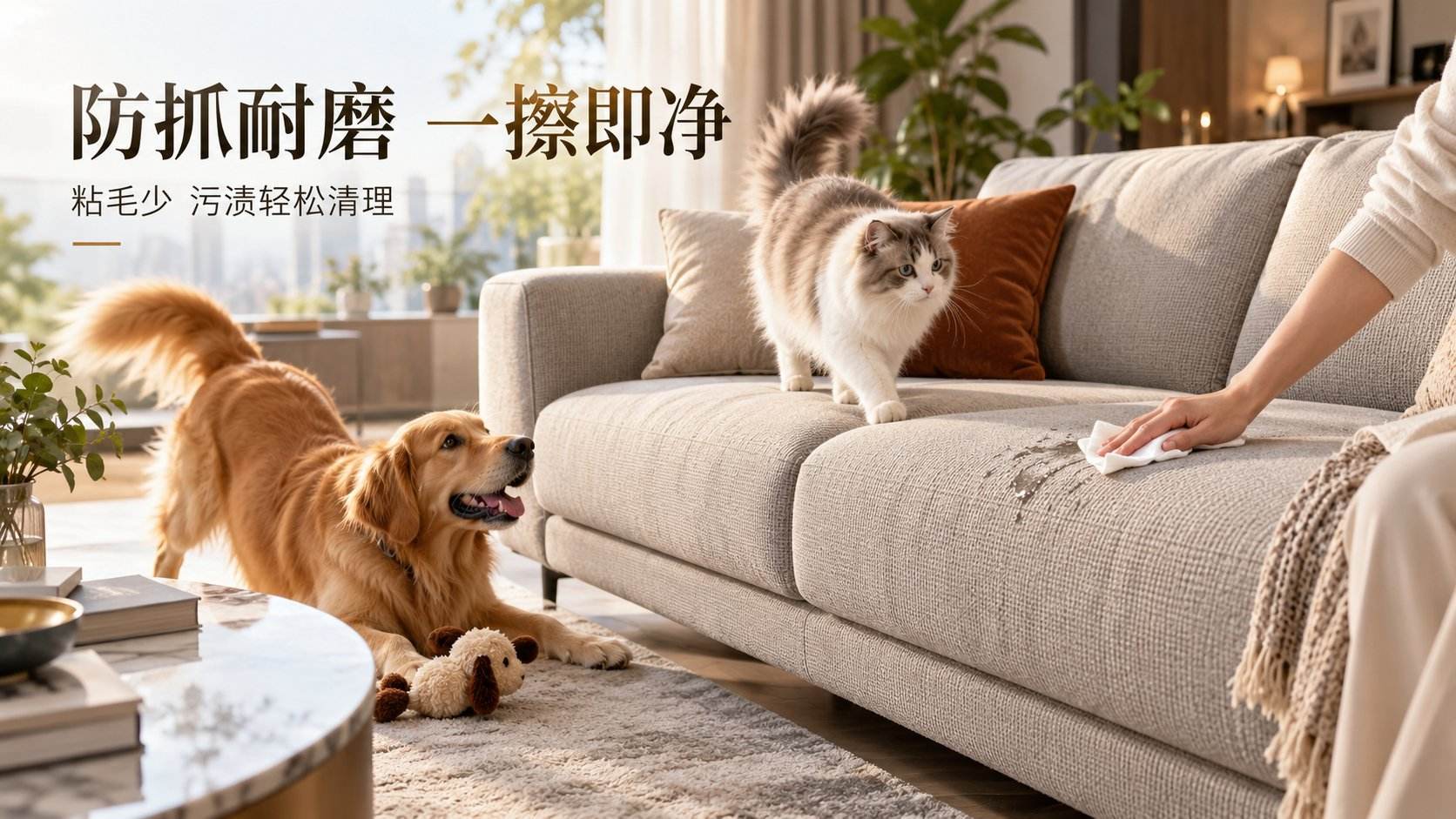 明亮客厅场景中,金毛犬与猫咪陪伴在侧,展示浅灰色布艺沙发的实用性。画面特写人手用白布轻松擦拭沙发表面的污渍,直观呈现面料防抓耐磨、一擦即净的特性。沙发纹理细腻,