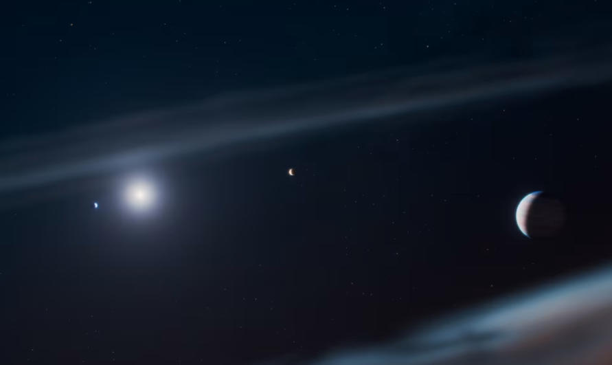 艺术家绘制的图画，展现了绘架座β星 b围绕其宿主恒星运行的景象