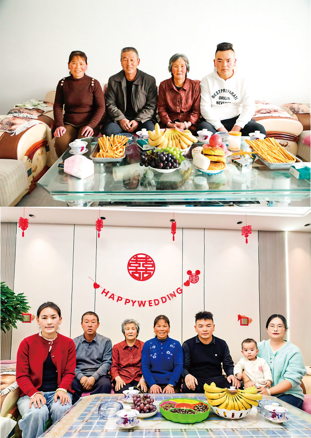 拼版照片：上图为甘肃省临夏回族自治州积石山县安集镇风林村村民白正录（左二）与家人在新家中合影。（2024年12月12日摄）；下图为时隔一年多，记者再次回访白正录家中拍摄的照片。（2026年1月27日摄）。新华每日电讯记者张文静摄