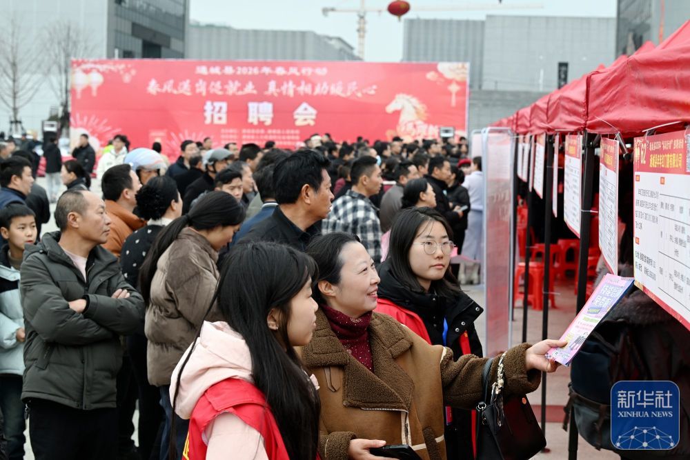 ↑ 2月24日，求职者在湖北省咸宁市通城县“春风行动”大型招聘会上寻找适合自己的就业岗位。新华社发（刘建平 摄）