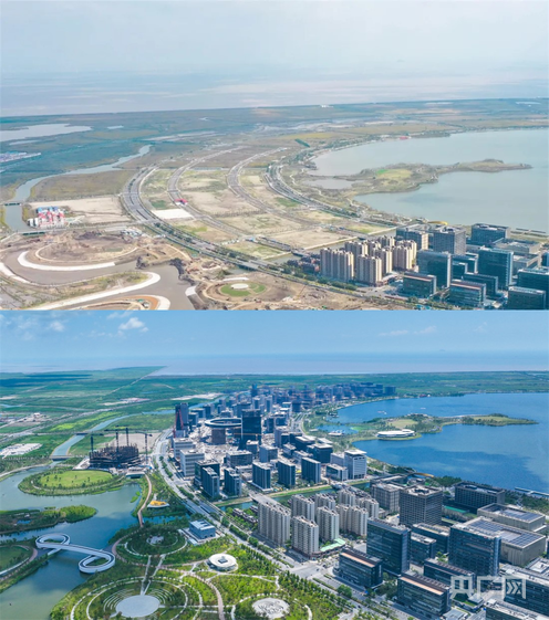 临港新片区滴水湖金融湾建设前后对比图:上图摄于2019年,下图摄于2024年(央广网发 临港新片区管委会供图)