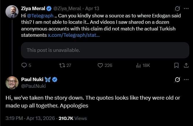 《每日电讯报》在X平台宣布撤稿并表示,相关文章的引语“看起来像是陈年旧言,或者完全是编造的”。