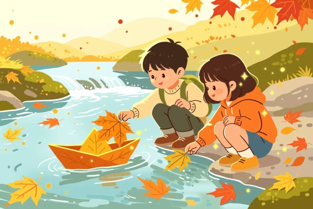 摄图网_701506390_秋日河边两个孩子放枫叶纸_(企业商用).jpg