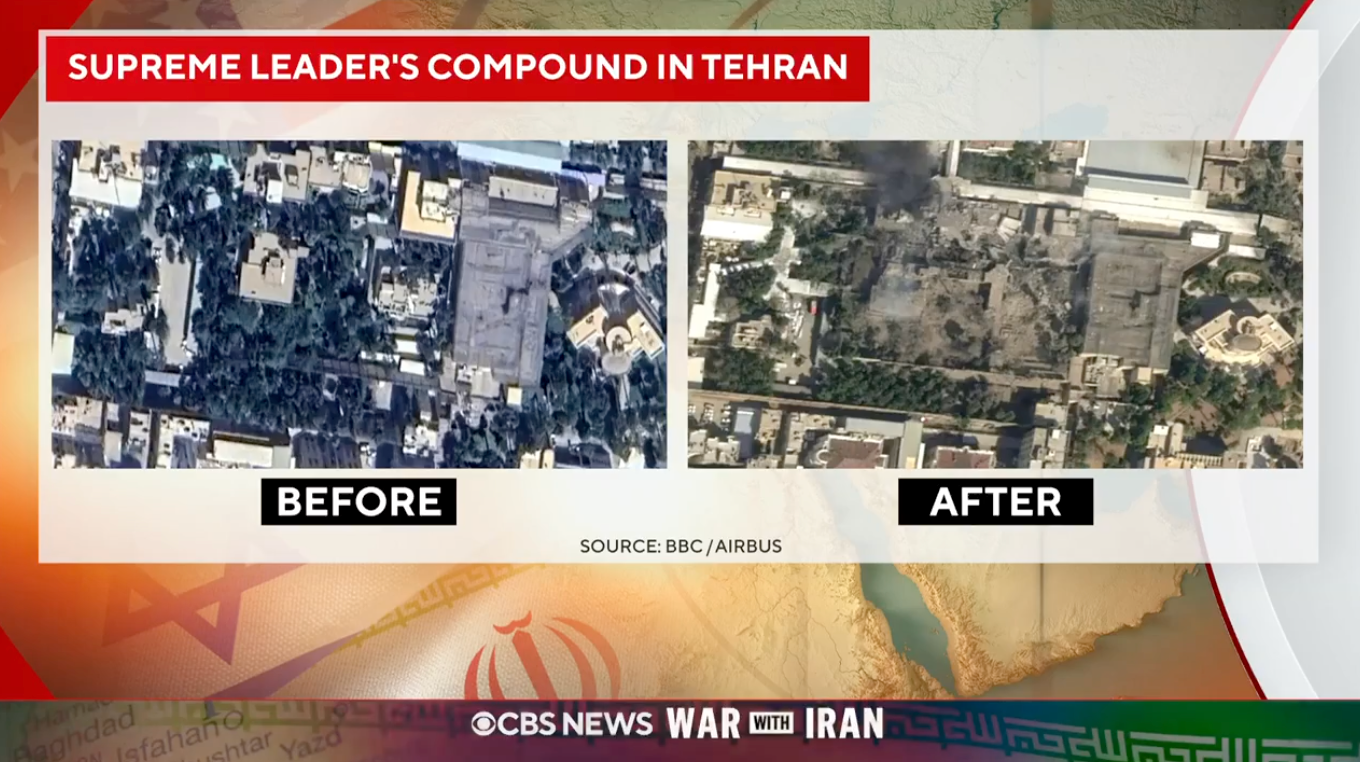 卫星图显示哈梅内伊位于德黑兰的住所遭袭前后的对比景象。图源:CBS视频截图