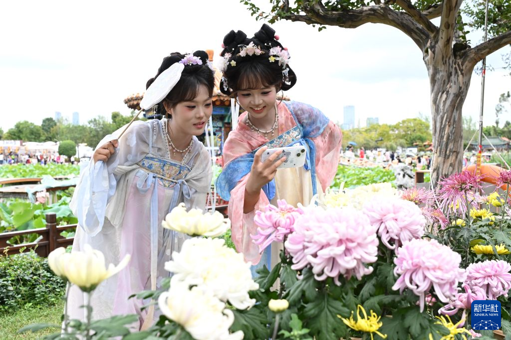 10月4日,游客在昆明市大观公园第32届金秋菊花文化展上拍摄菊花。新华社发(熊平祥摄)