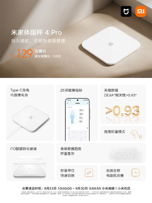 众筹129元！米家体脂秤4 Pro开售：告别换电池 150天超长续航