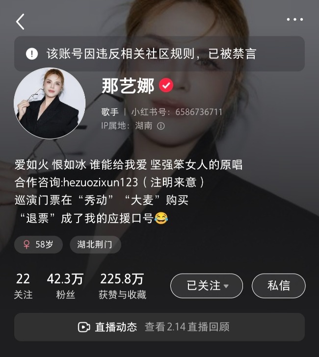 那艺娜小红书账号显示已被禁言。