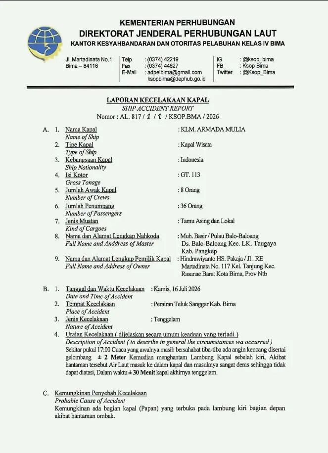 印尼交通部海事运输总局的事故调查报告部分截图