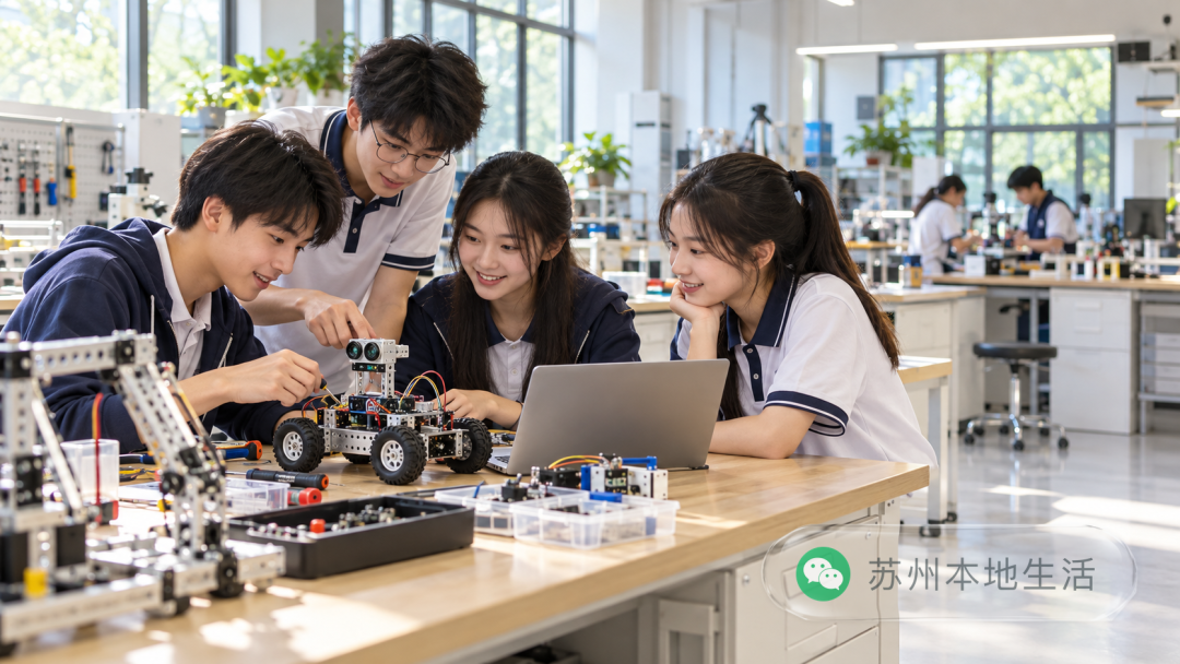学生在现代高中科创实验空间内围绕机器人、工程模型和实验设备协作探究的概念画面