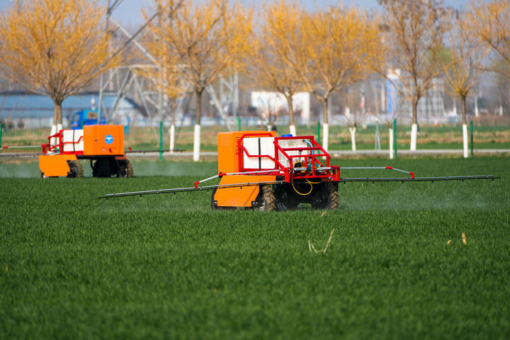2026年3月9日，山东省肥城市安驾庄镇洼里无人智慧农场内，由山东农业大学团队自主研制的喷药机器人在喷洒农药。新华社记者 朱峥 摄