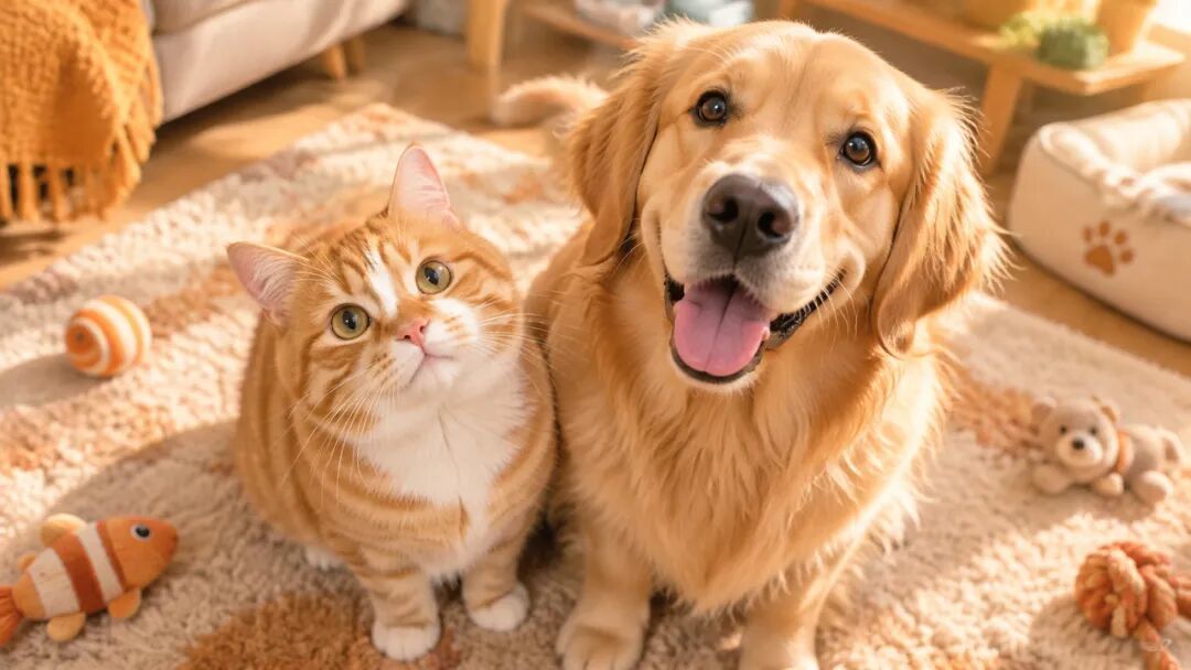 一只猫和一只狗并排坐着抬头看镜头