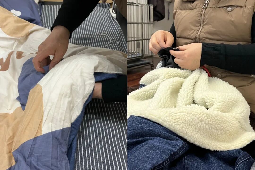 母亲在缝被子和衣服口袋/受访者提供