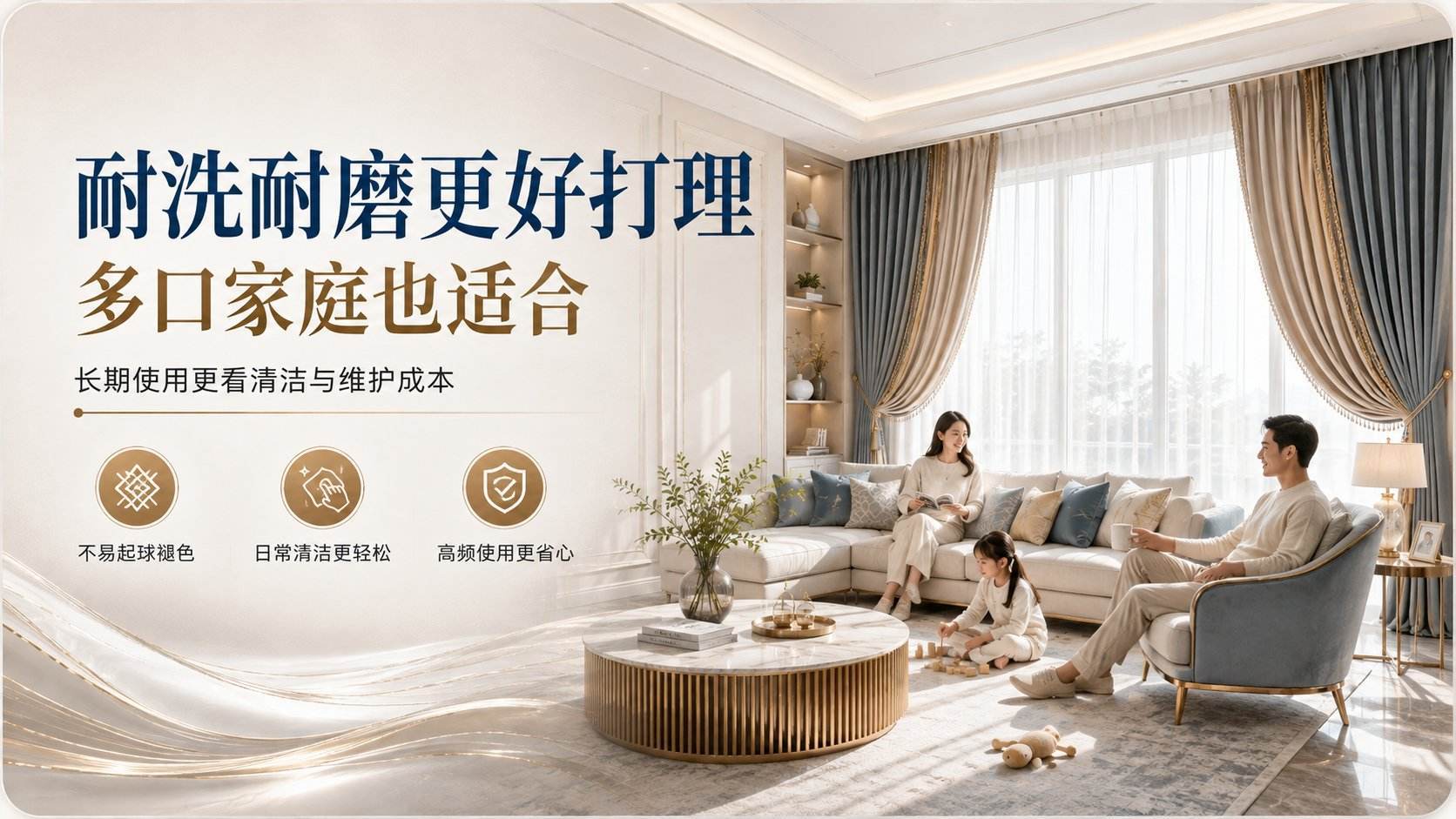 现代轻奢客厅居家样板间，一家三口在米白色L型布艺沙发上休闲互动。画面重点展示沙发耐洗耐磨、更好打理的特性，强调多口家庭适用。产品不易起球褪色，日常清洁轻松，高频