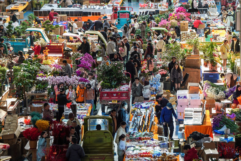 2月10日,人们在云南省昆明市斗南花卉市场内选购鲜花。新华社记者 彭奕凯 摄