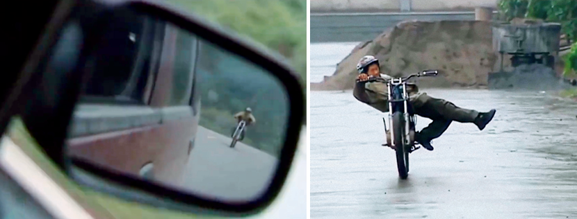 ·2006年,张雪骑摩托车追逐电视台车辆,并在节目组前秀车技。(视频截图)