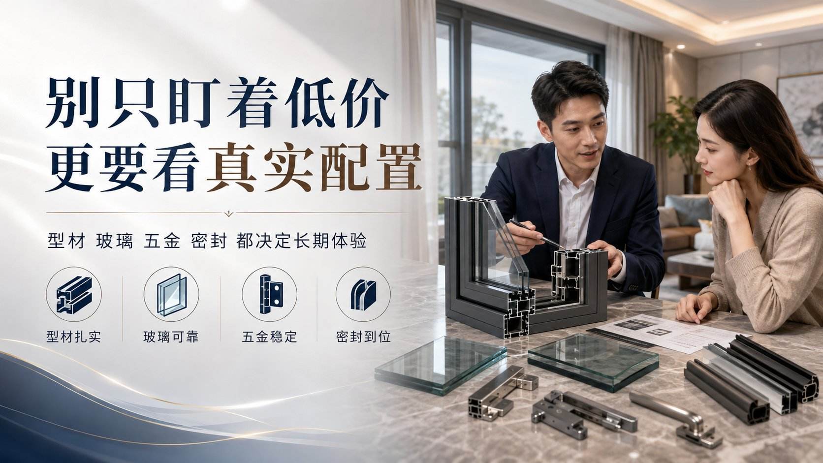 在明亮的现代家居展厅中,专业人员正向客户详细讲解断桥铝门窗的内部构造。桌面上陈列着窗户剖面模型、双层玻璃样品及精密五金配件,直观展示型材扎实、密封到位等核心工艺