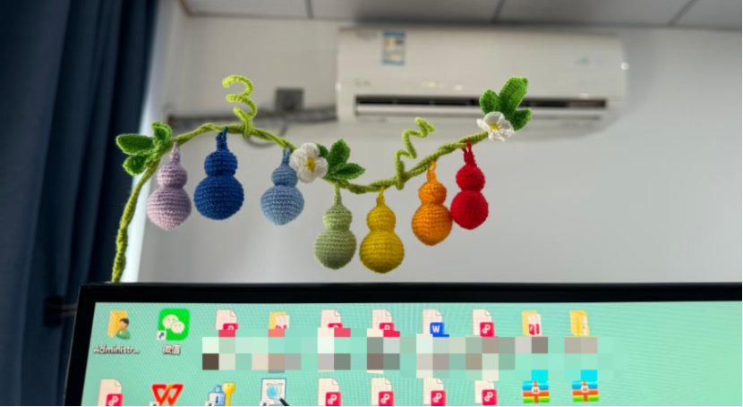 网友在工位上摆出自己织的葫芦藤与葫芦。(图/@喵喵星玩毛线)