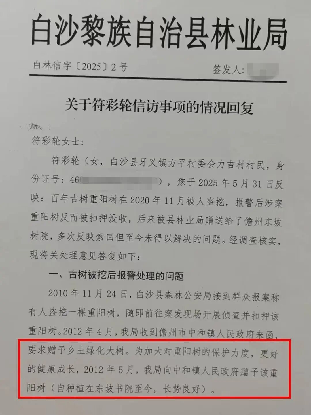白沙县林业局回复古树被赠予中和镇政府。受访者供图