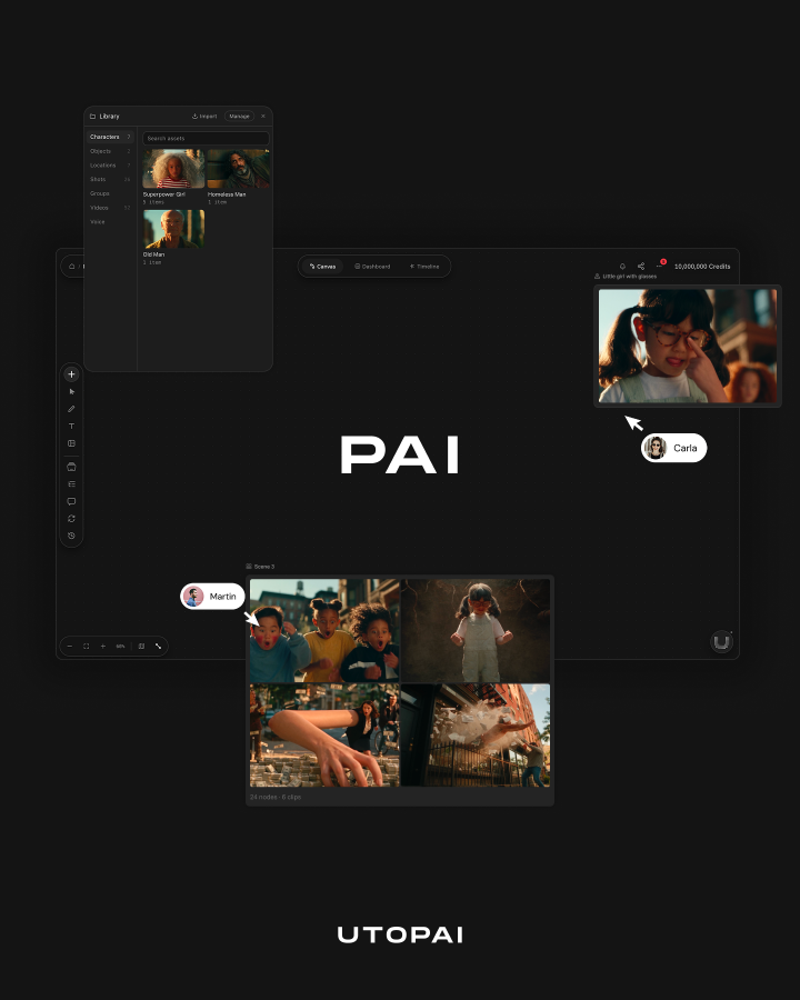 PAI 将剧本、角色与场景资产、镜头和修改记录组织在同一制作工作台中。图片来源：Utopai Studios