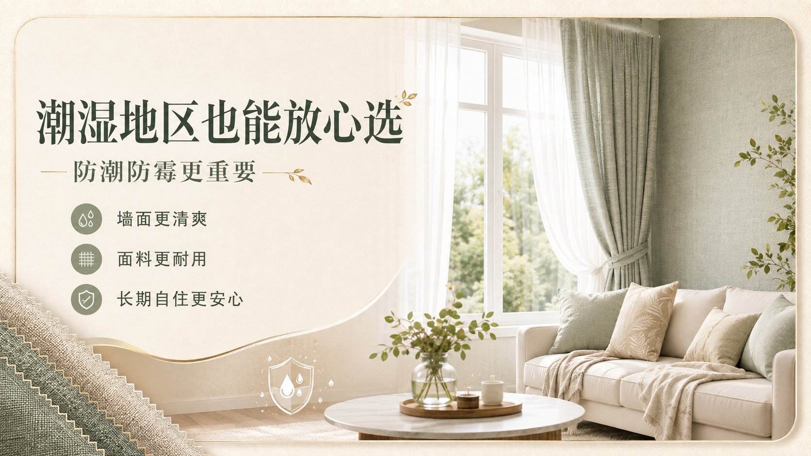 这是一张展示防潮墙布的宣传海报，背景为明亮通透的现代客厅场景。画面左侧突出“潮湿地区也能放心选”的大标题，强调防潮防霉的核心卖点。左下角展示了墙布的材质细节，呈