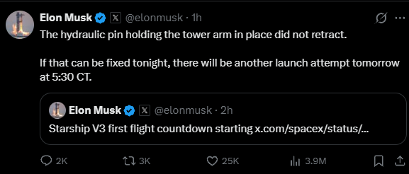 临门一脚被叫停!SpaceX星舰V3关键首飞推迟:马斯克公布故障原因