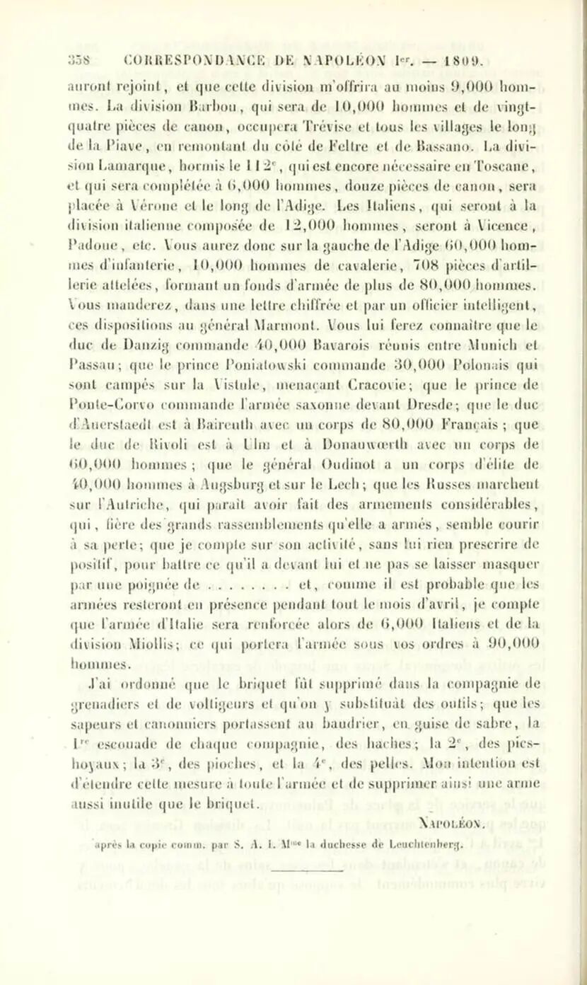 图|《拿破仑书信集》1809年卷中的相关命令。拿破仑要求将法国及盟军的兵力部署“以密码信件”告知马尔蒙,其中一处表述以省略号。(来源:Correspondance de Napoléon Ier)