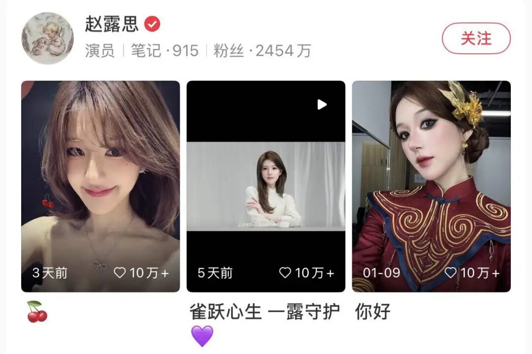 赵露思的小红书笔记均为10万+点赞，且会更新独家内容