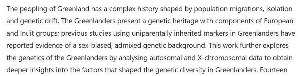 《自然》杂志2014年发布的《格陵兰岛人口起源:利用常染色体和X染色体标记分析遗传多样性的进一步见解》(The peopling of Greenland: further insights from the analysis of genetic diversity using autosomal and X-chromosomal markers)