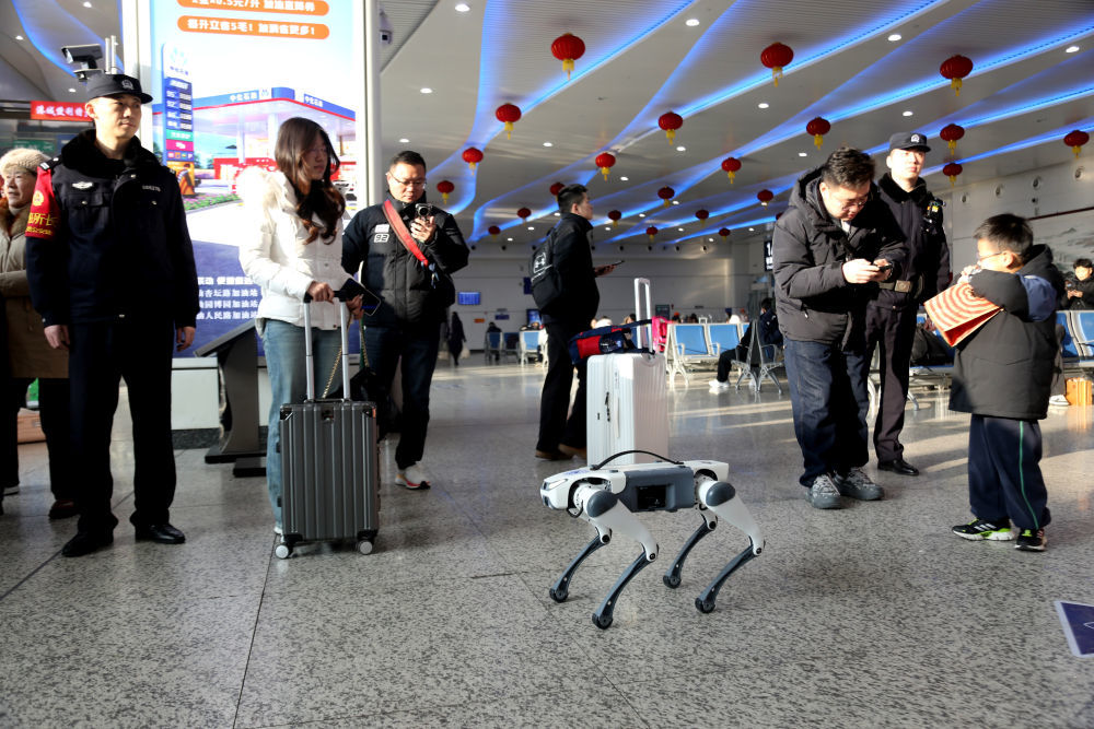 2月2日,在江苏省连云港站,徐州铁路公安处的机器狗在候车大厅巡查。新华社发(王春 摄)