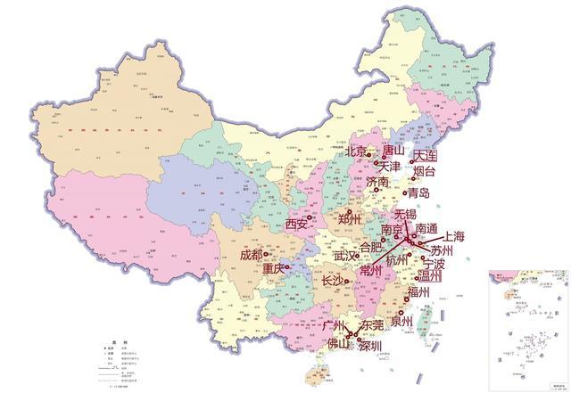我国29座GDP超一万亿元城市分布图
