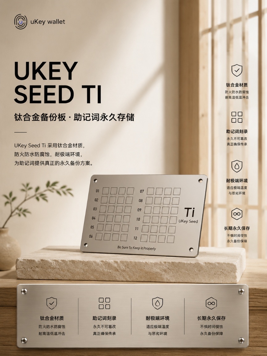 UKey Seed Ti 钛金属助记词备份板产品海报，展示物理刻录、长期保存和耐环境风险等品牌公开卖点