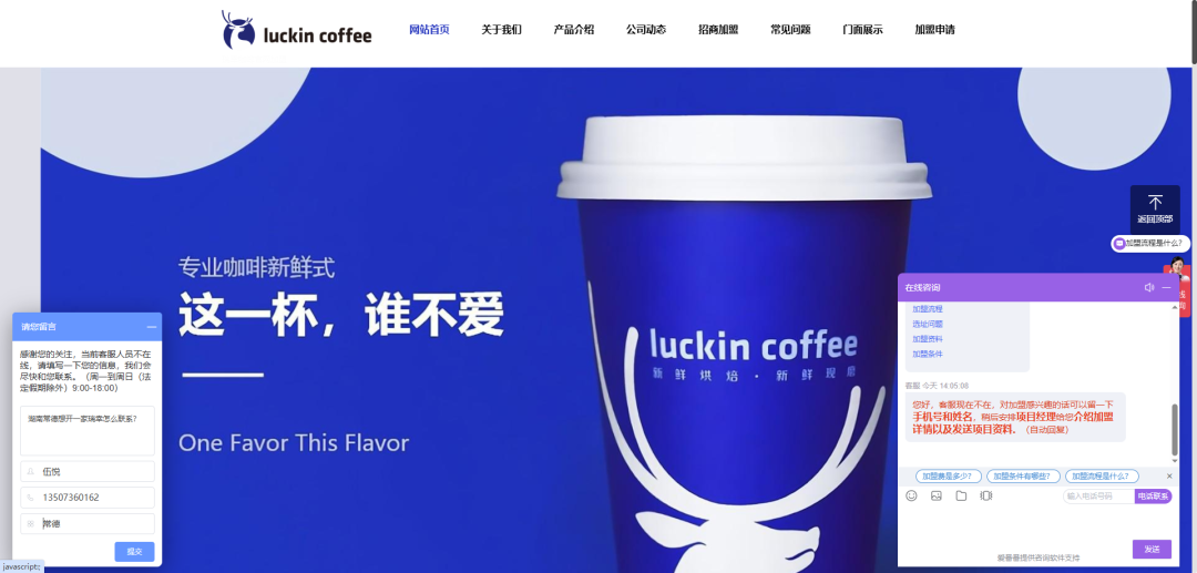 “李鬼”网站与真正的品牌官网有着同样的视觉设计,但多出了醒目的“加盟咨询在线留言框”