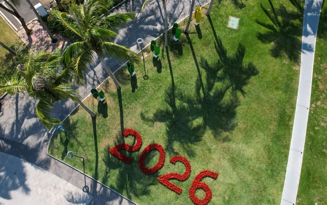 这是博鳌零碳示范区内的花朵风机。花朵风机用来收集风能,是岛内可再生能源利用项目之一(3月19日摄,无人机照片)。新华社记者 杨冠宇 摄