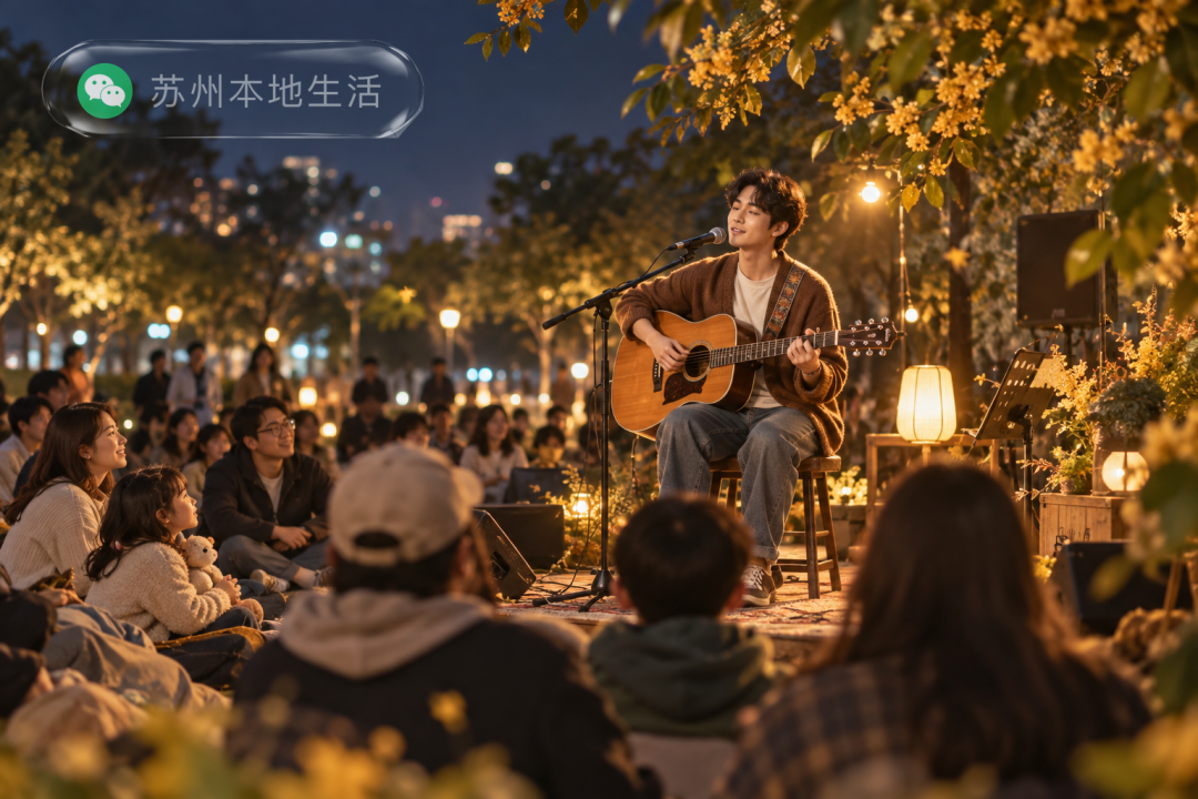 桂花树旁的露天广场上，吉他歌手在暖光中演唱，观众轻松落座聆听。