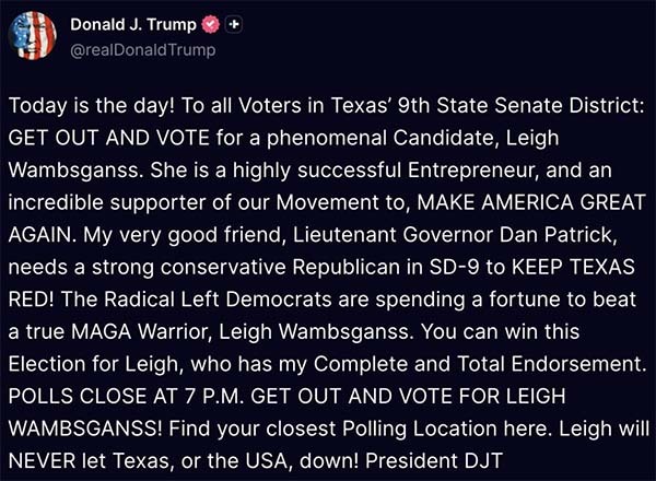 当地时间1月30日,特朗普在社媒发帖“全力支持”万布斯甘斯。 社交媒体