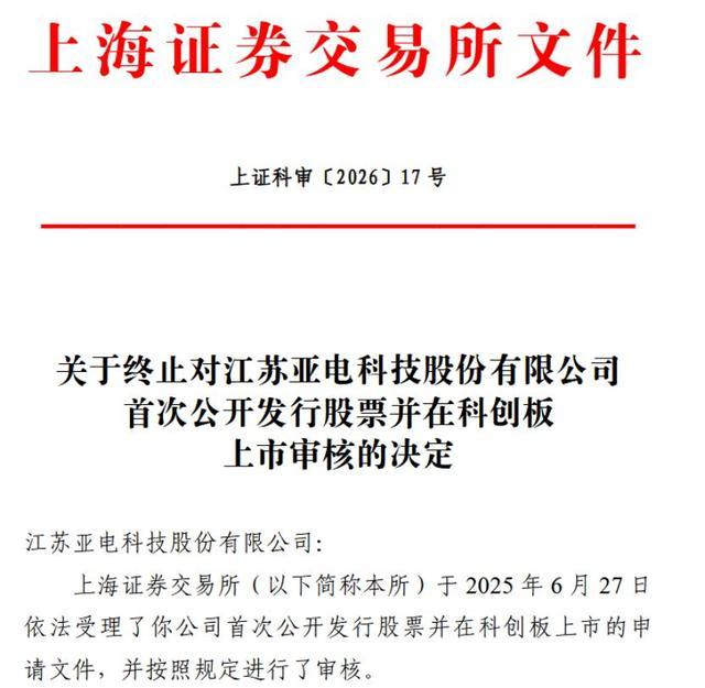 上交所出具亚电科技科创板IPO终止审核文件