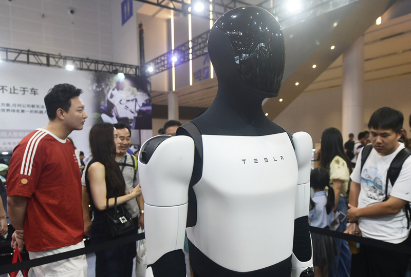 2025年6月22日,浙江杭州,观众在杭州一机器人展上观看特斯拉Optimus机器人东方IC