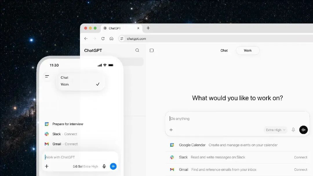 ChatGPT Work displayed on desktop and mobile, with Google Calendar, Slack, and Gmail integrations against a starry background.