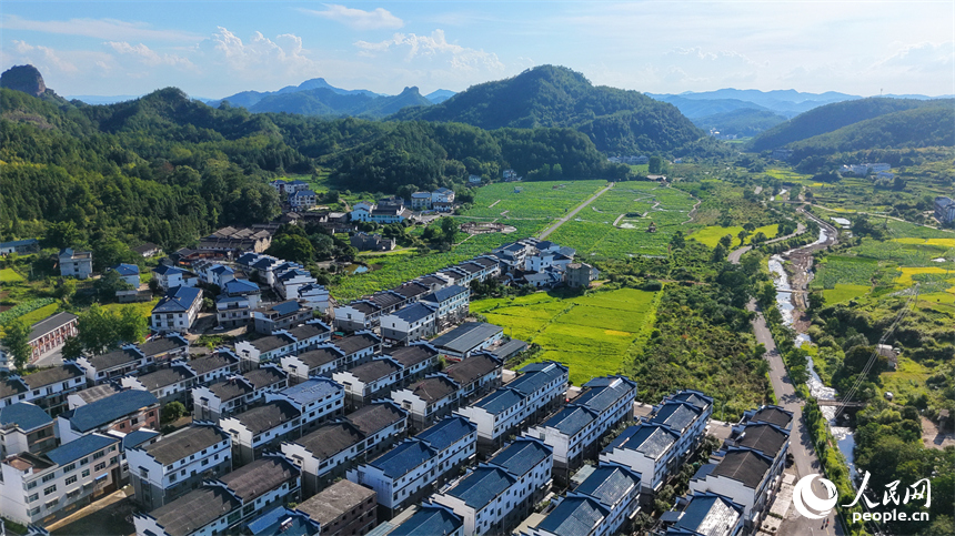 石城县琴江镇大畲村，一栋栋民居错落分布于青山田园间，与丹霞峰峦、青翠沃野相互映衬。人民网记者 朱海鹏摄