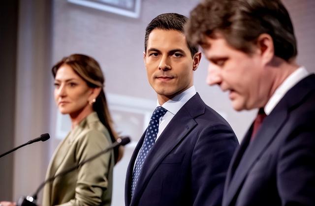 荷兰D66党魁罗布·耶滕(中)、自民党领袖迪兰·耶希尔戈兹与基民盟领导人亨利·邦滕巴尔宣布组建少数派内阁