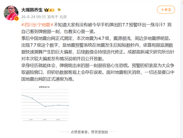手机收到7.7级地震预警 官方致歉是偏差大了 韩乔生:不知道大家有没有被吓出冷汗