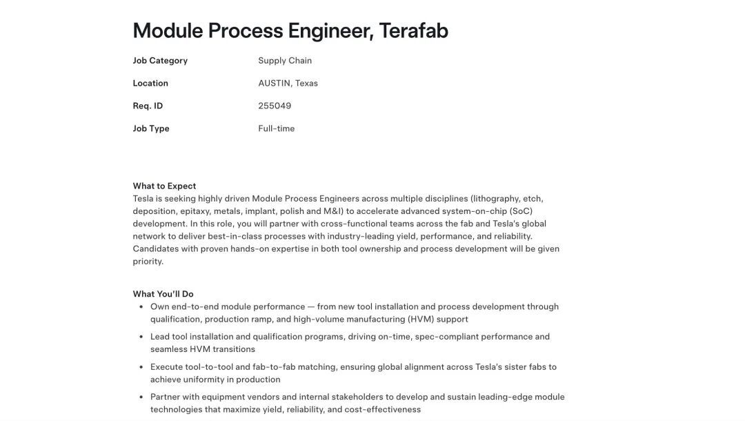 A job posting for Module Process Engineer, Terafab at Tesla in Austin, Texas, detailing responsibilities in supply chain and high-volume manufacturing support.
